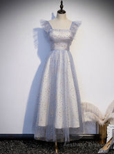 Blue Tulle Sequins Square Ankle Length Prom Dress